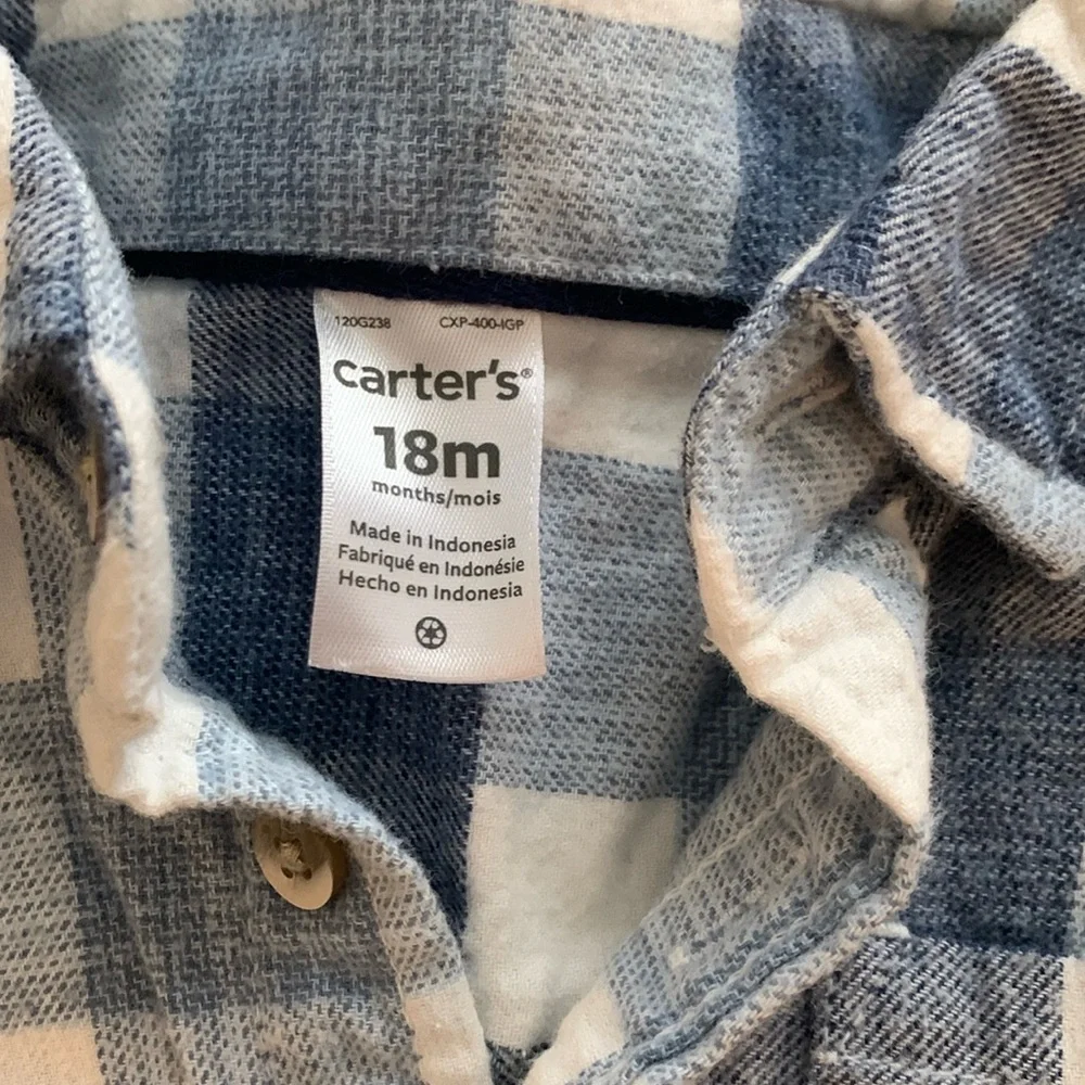 Carter’s Boy Blue and White Plaid Button Down Boys Bodysuit 18 months